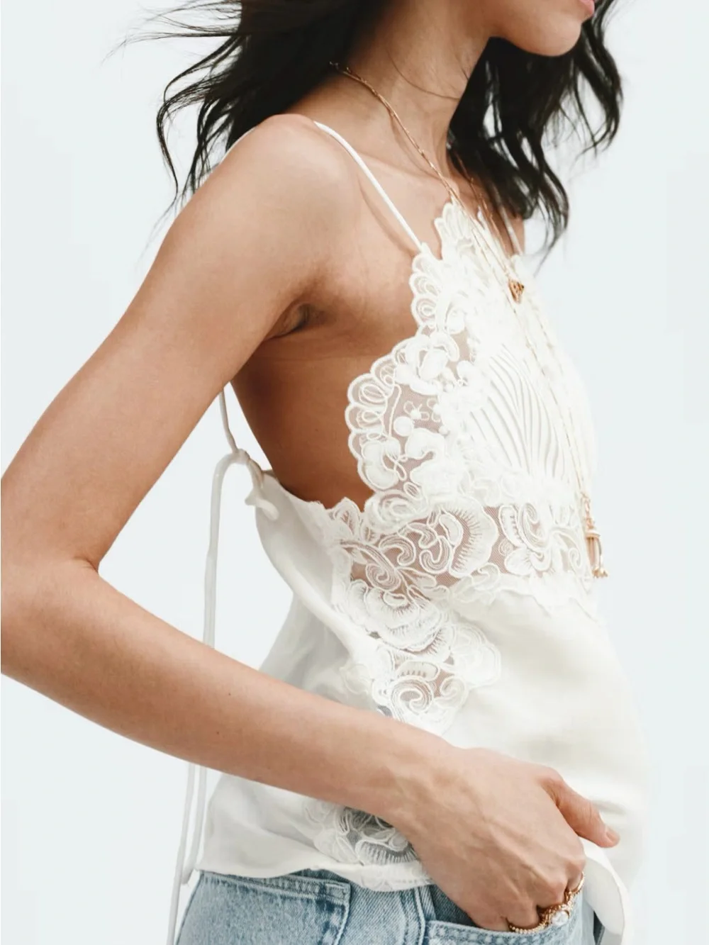 H&M STUDIO COLLECTION SPRING 2026 NWT WHITE LINEN-BLEND LACE-DETAIL TOP - Picture 7 of 13